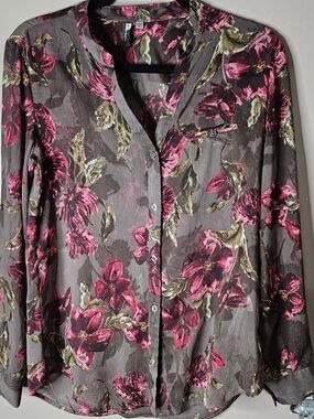 KUT Sheer Floral Button-Front Women's Top in Dark Gray and Pink Size Small